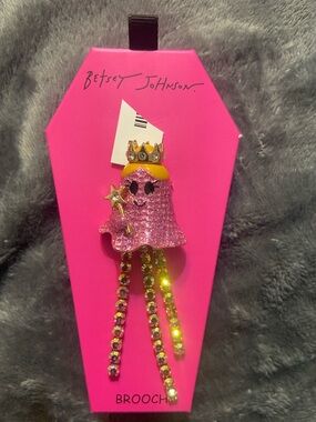 Betsey Johnson Pink Glitter Princess Ghost Brooch with Gold Crown 4”